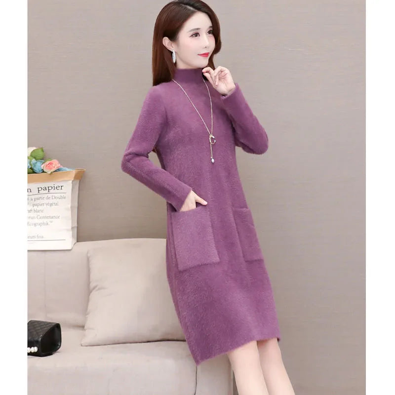 Fashion Thick Mink Velvet Long Sweater Dress Ladies Pullover Winter Wear Loose Mother Warm Dresses Women Elegant Purple 785 Kent Store