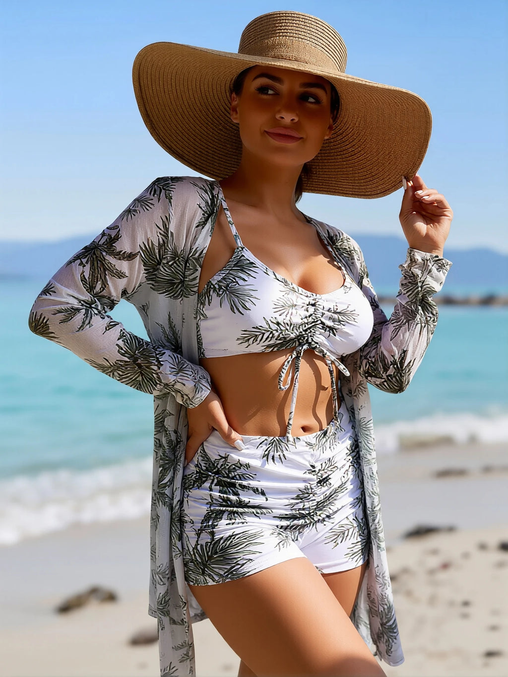 2026 New Pink Abstract Swirl Print 3 Piece Bikini Set, Front Tie Cami Crop Top High Waist Shorts Long Sleeve Kimono Cover Up Kent Store