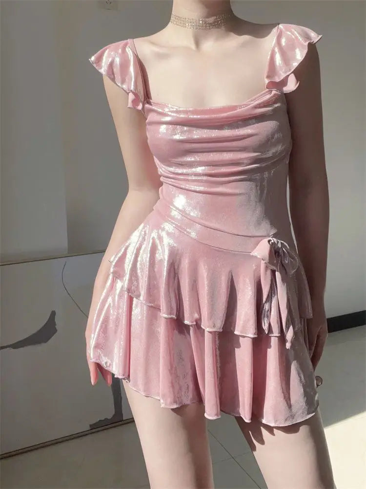 Flattering Shiny Pink Swimwear Women Ruched Tankini Top with Skirt Bottom Tummy Control Bathing Suit Summer Beach Outfits Kent Store