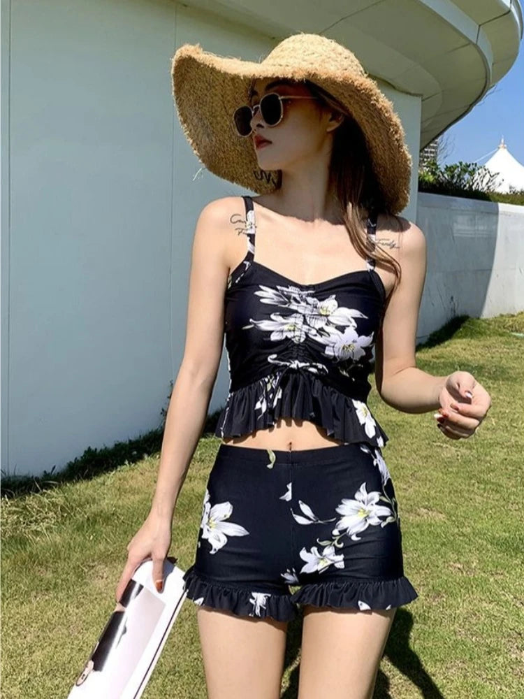 Modest Tankini Sets for Women High Waisted Boyleg Swimwear with Ruffle Sleeve Cover Up 3PCS Beachwear Kent Store