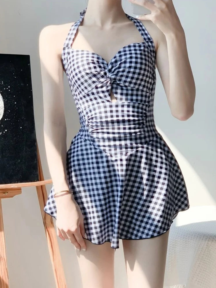 2026 New Women Backless One Piece Swimsuit Modest Plaid Lace Up Skirted Bathing Suit Tummy Control Slimming Beachwear Kent Store
