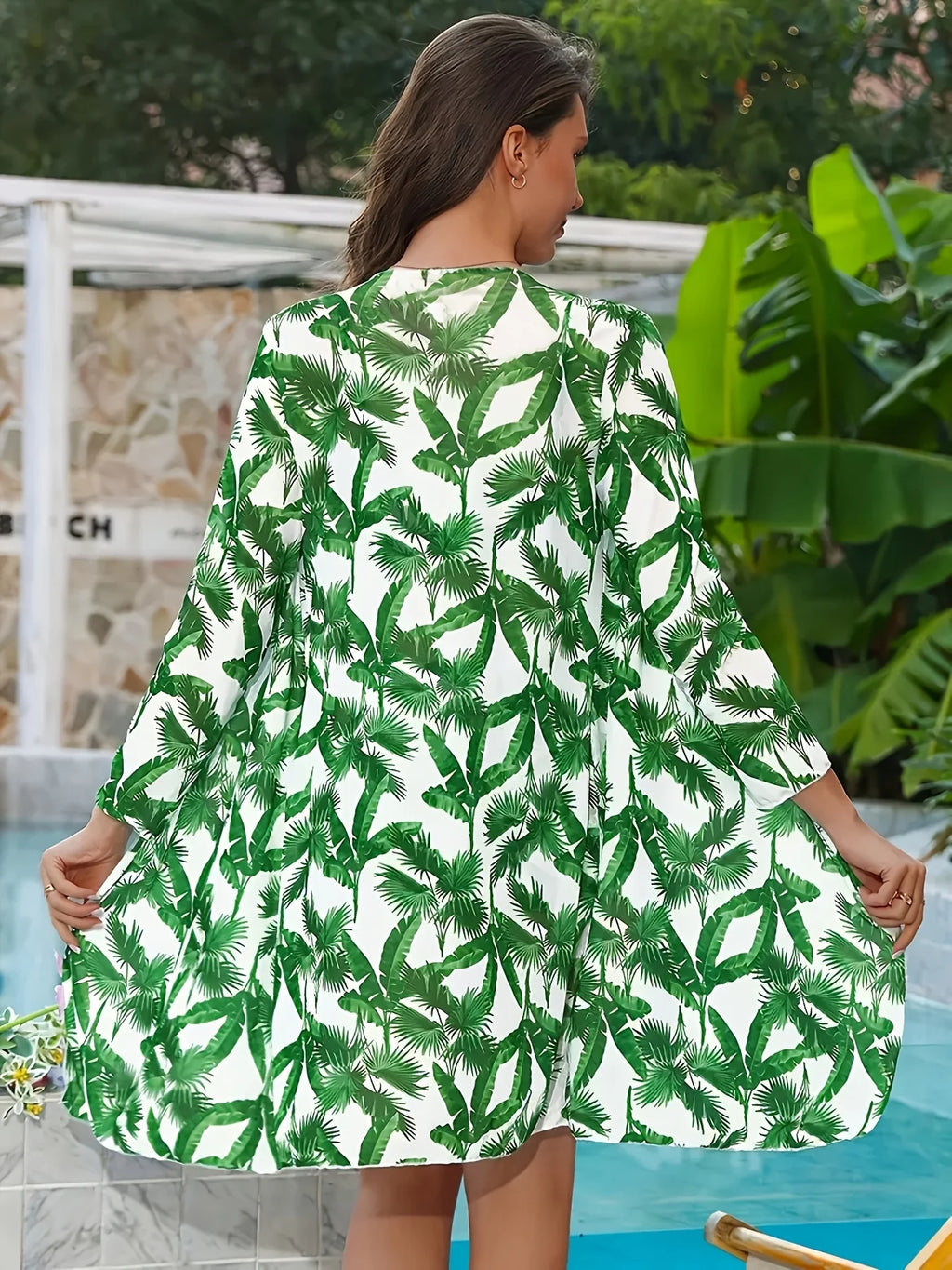 2026 New Green Leaf Print Swimwear Set, Ruched Cami + Shorts + Sun Protection Kimono Kent Store