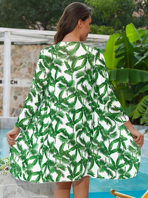2026 New Green Leaf Print Swimwear Set, Ruched Cami + Shorts + Sun Protection Kimono Kent Store