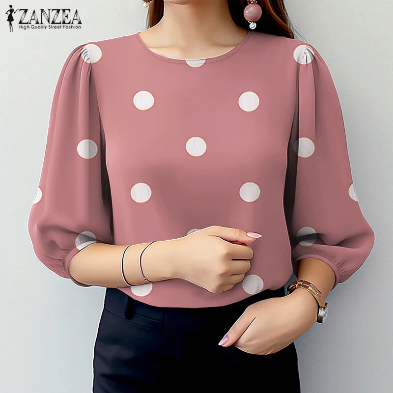 ZANZEA Casual Polka Dot Blouses Woman Elegant Round Neck 3/4 Puff Sleeve Regular Fit Tops Spring Autumn Commute Wear Blusas 3XL Kent Store