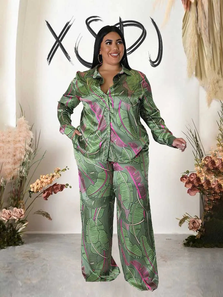 Female Clothing Long Sleeve 2 Piece Sets Women Outfit Shirt Blouse and Straight Trouser Print Autumn Pants Outfit Plus Size Sets Kent Store