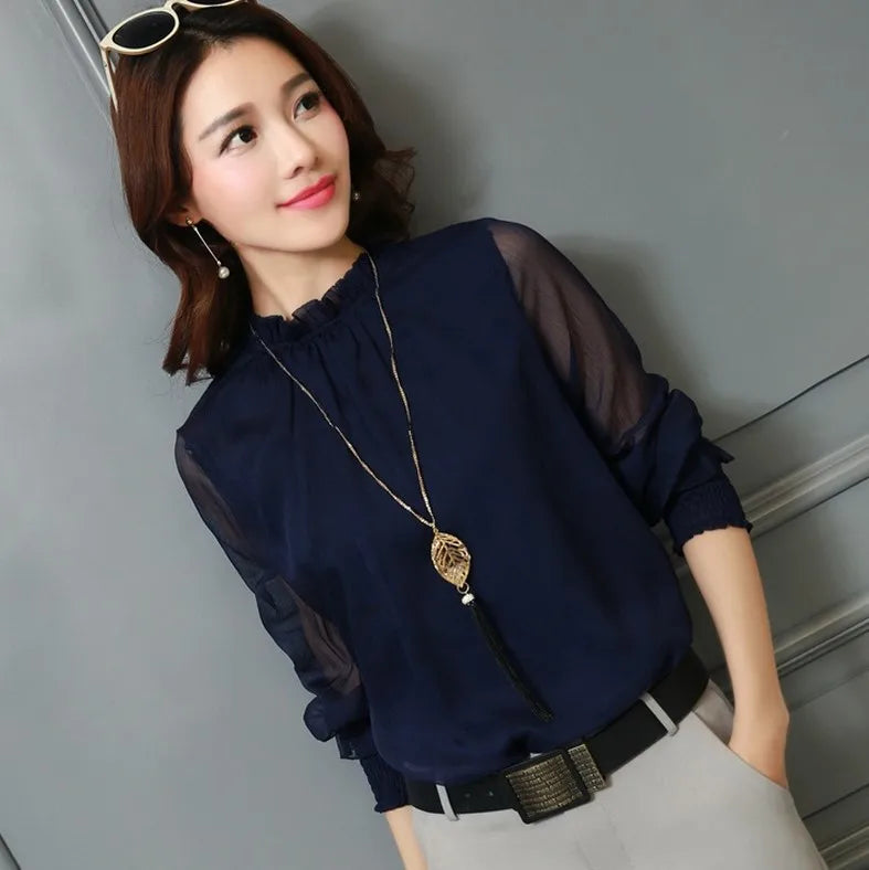 Chiffon Blouse New Women Tops Long Sleeve Stand Neck Work Wear Shirts Elegant Lady Casual Blouses women's blusas New Kent Store
