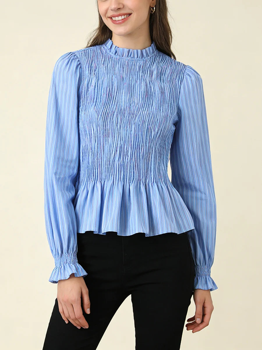 TWOTWINSTYLE Brunch Dates Blue Striped Ruffled Blouse for Women Stand Collar Smocked Puff Sleeves Peplum Tops for Office Wear Kent Store