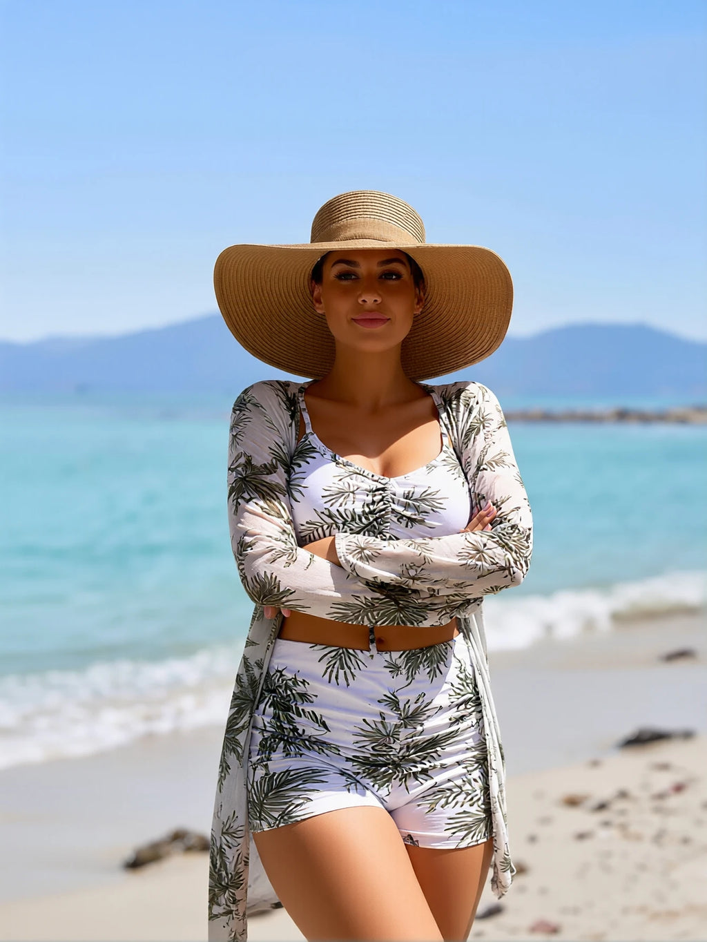 2026 New Pink Abstract Swirl Print 3 Piece Bikini Set, Front Tie Cami Crop Top High Waist Shorts Long Sleeve Kimono Cover Up Kent Store
