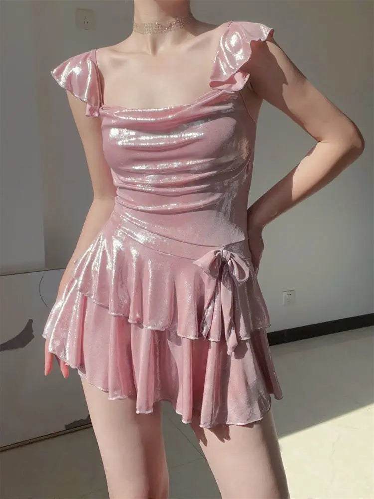 Flattering Shiny Pink Swimwear Women Ruched Tankini Top with Skirt Bottom Tummy Control Bathing Suit Summer Beach Outfits Kent Store