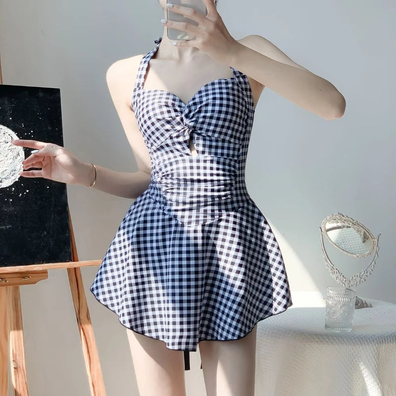 2026 New Women Backless One Piece Swimsuit Modest Plaid Lace Up Skirted Bathing Suit Tummy Control Slimming Beachwear Kent Store
