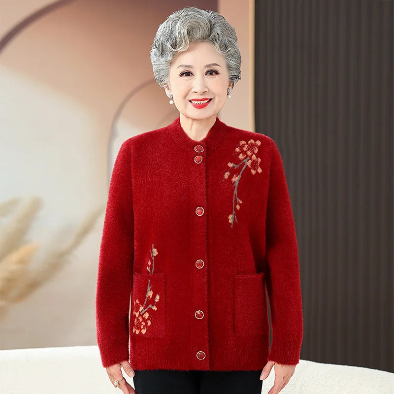 Grandma Thick Warm Mink Velvet Sweater Top Winter Middle Aged Mother Outside Wear Cardigan Jacket Vintage Women Knitted Coat Kent Store