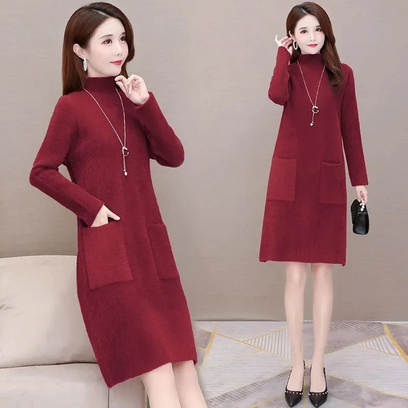 Fashion Thick Mink Velvet Long Sweater Dress Ladies Pullover Winter Wear Loose Mother Warm Dresses Women Elegant Purple 785 Kent Store