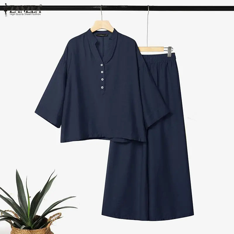Women Loose Pant Sets Autumn V-Neck Long Sleeve Blouse & Wide Leg Pant 2 Piece Matching Sets ZANZEA Casual Daily Wear Co-ords Kent Store