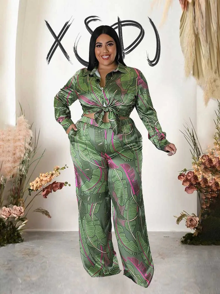 Female Clothing Long Sleeve 2 Piece Sets Women Outfit Shirt Blouse and Straight Trouser Print Autumn Pants Outfit Plus Size Sets Kent Store