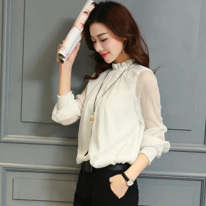Chiffon Blouse New Women Tops Long Sleeve Stand Neck Work Wear Shirts Elegant Lady Casual Blouses women's blusas New Kent Store