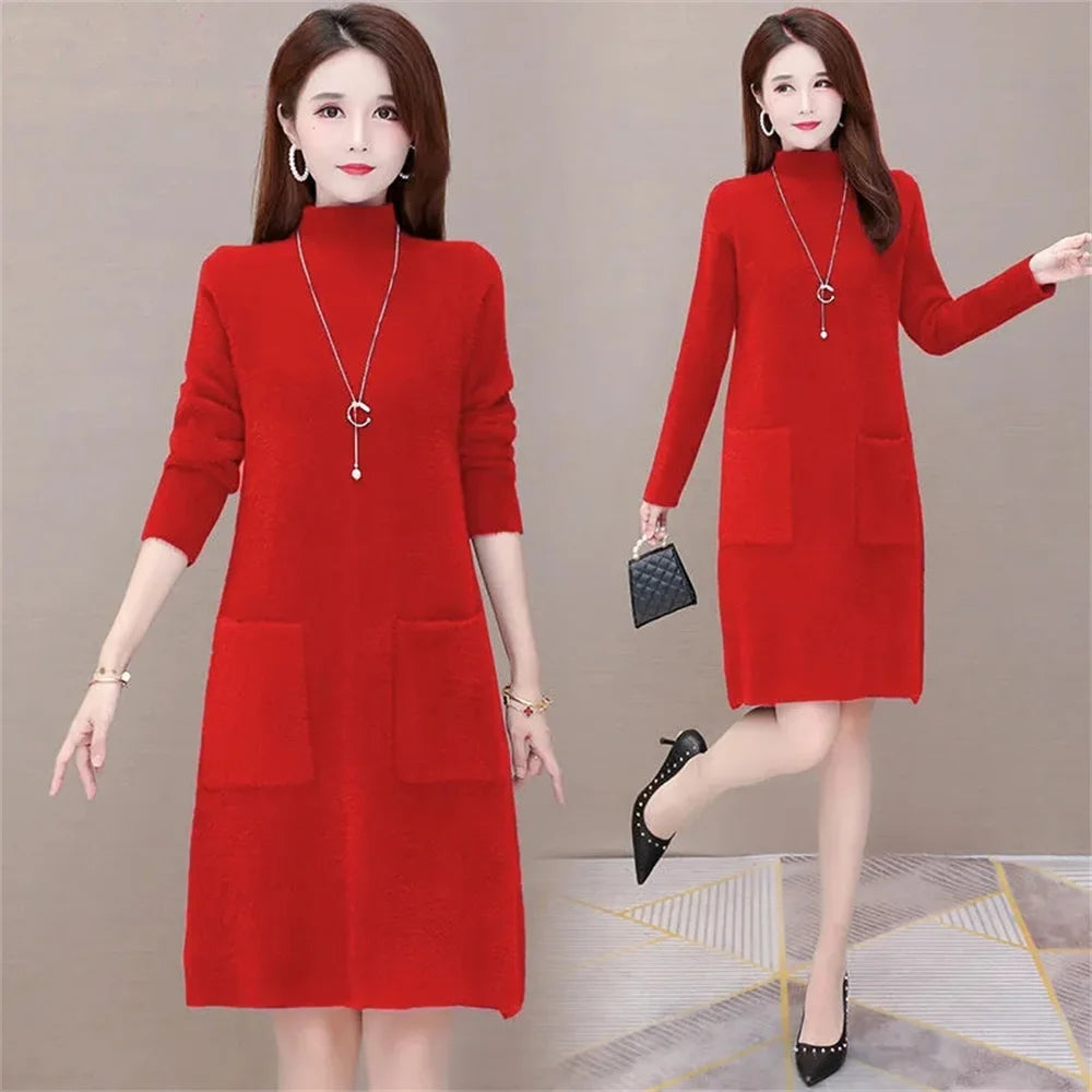 Fashion Thick Mink Velvet Long Sweater Dress Ladies Pullover Winter Wear Loose Mother Warm Dresses Women Elegant Purple 785 Kent Store