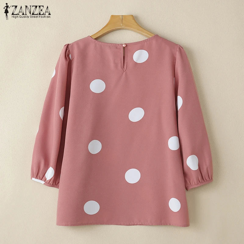 ZANZEA Casual Polka Dot Blouses Woman Elegant Round Neck 3/4 Puff Sleeve Regular Fit Tops Spring Autumn Commute Wear Blusas 3XL Kent Store
