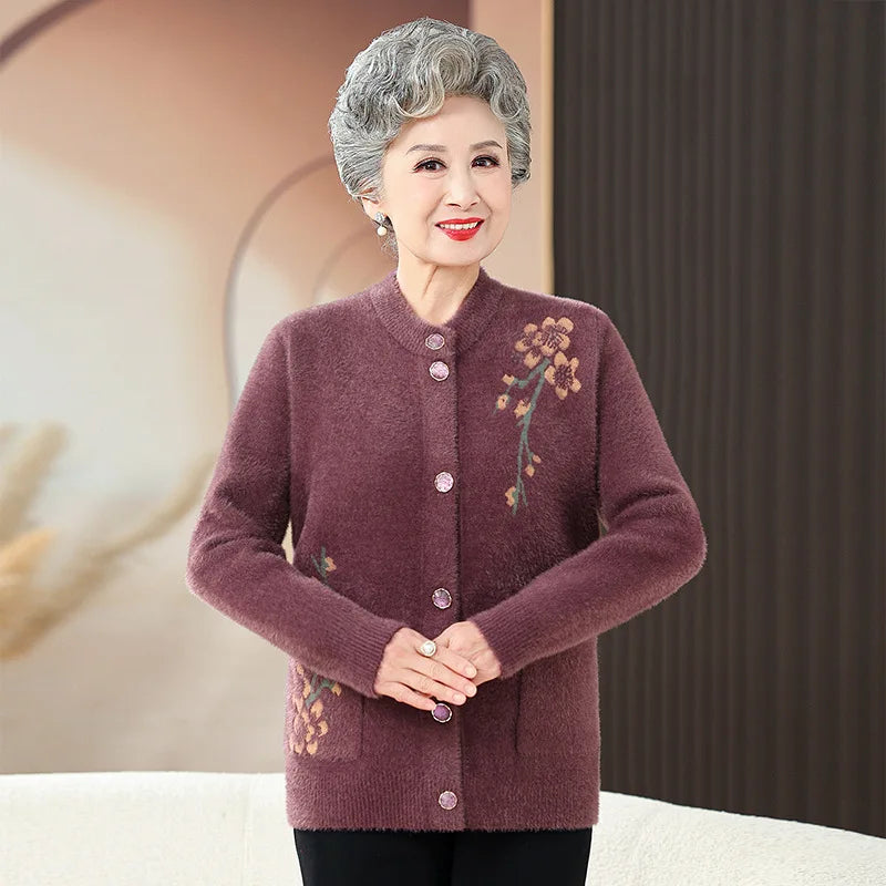 Grandma Thick Warm Mink Velvet Sweater Top Winter Middle Aged Mother Outside Wear Cardigan Jacket Vintage Women Knitted Coat Kent Store
