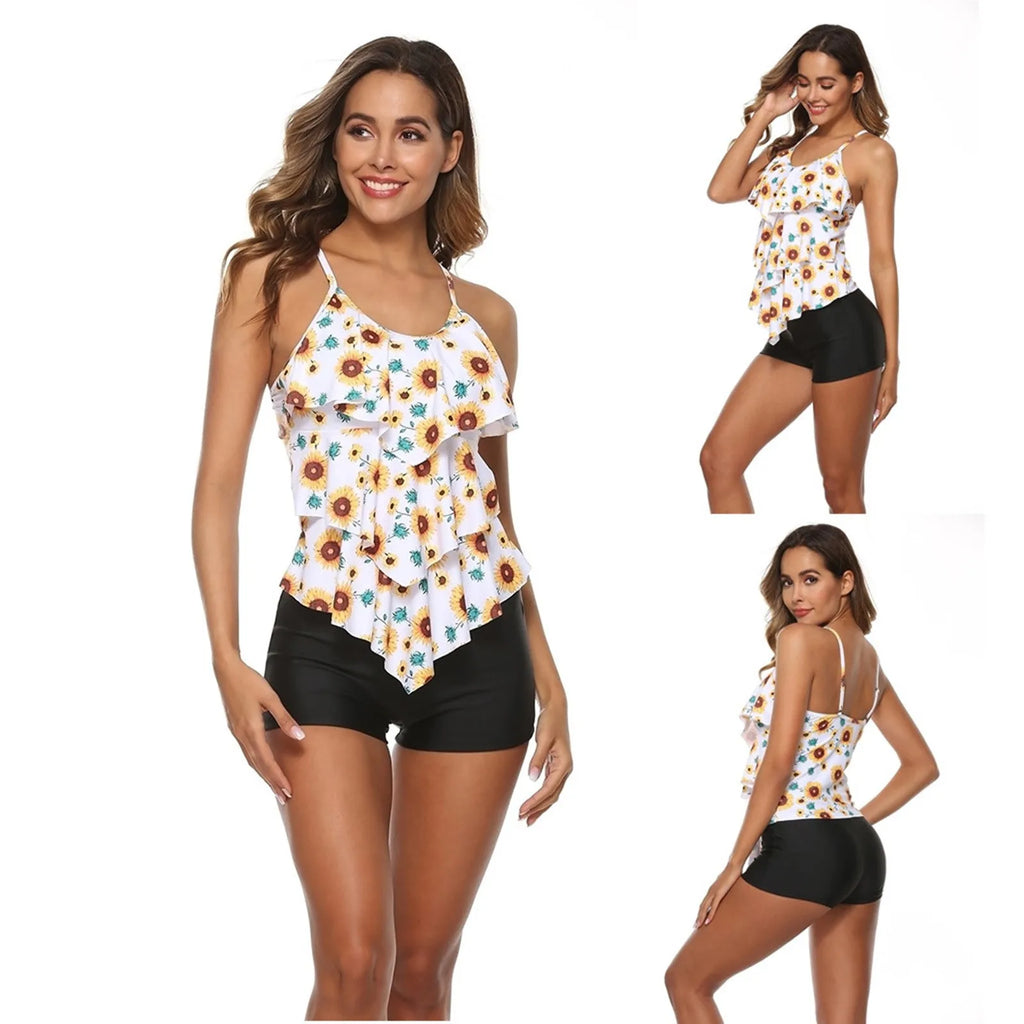 Woman Bikini Floral Print Tankini With Shorts High Waist Shorts Spaghetti Straps Swimwear Ruffle Trim Top Two Piece Swimsuit Kent Store