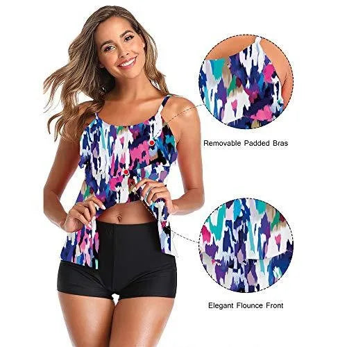 Woman Bikini Floral Print Tankini With Shorts High Waist Shorts Spaghetti Straps Swimwear Ruffle Trim Top Two Piece Swimsuit Kent Store