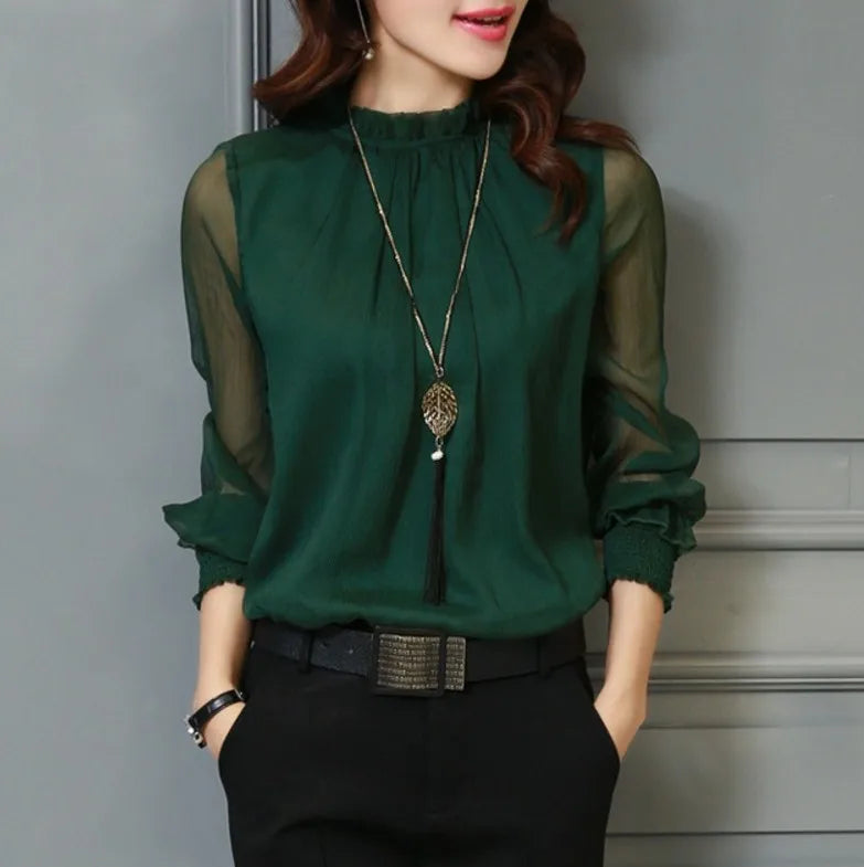 Chiffon Blouse New Women Tops Long Sleeve Stand Neck Work Wear Shirts Elegant Lady Casual Blouses women's blusas New Kent Store