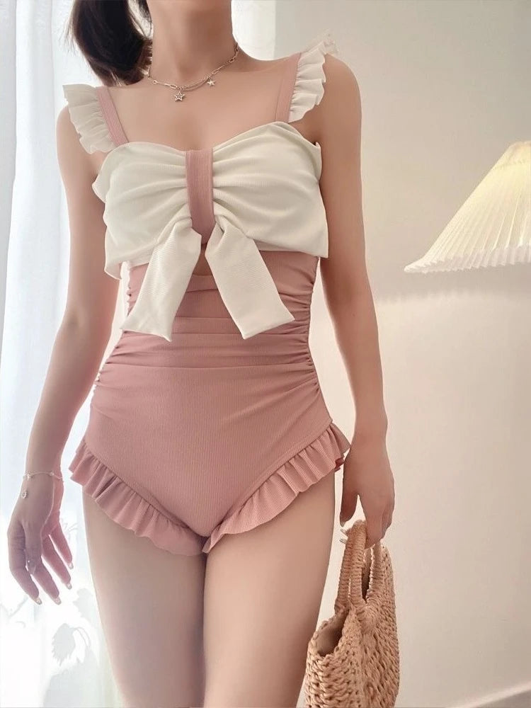 Cute Bowknot Detail Swimwear Ladies Elegant Backless One Piece Swimsuit Soft Pastel Color Swim Costume for Water Activities Kent Store