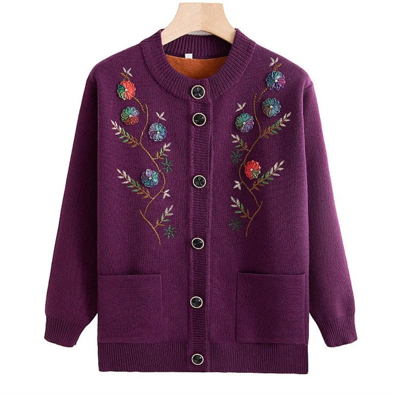 Women Long Sleeved Sweater Bottoming Shirt Grandma Cardigan Middle-aged and Elderly New Printed Spring Autumn Mother Wear Coat Kent Store