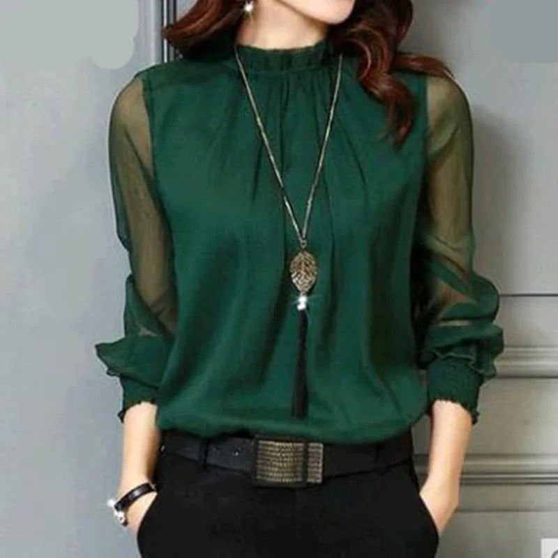 Chiffon Blouse New Women Tops Long Sleeve Stand Neck Work Wear Shirts Elegant Lady Casual Blouses women's blusas New Kent Store