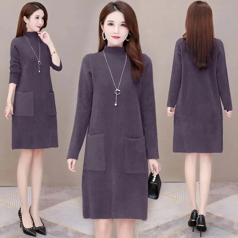 Fashion Thick Mink Velvet Long Sweater Dress Ladies Pullover Winter Wear Loose Mother Warm Dresses Women Elegant Purple 785 Kent Store