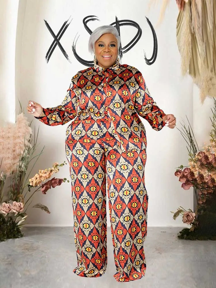 Female Clothing Long Sleeve 2 Piece Sets Women Outfit Shirt Blouse and Straight Trouser Print Autumn Pants Outfit Plus Size Sets Kent Store