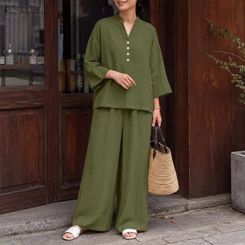 Women Loose Pant Sets Autumn V-Neck Long Sleeve Blouse & Wide Leg Pant 2 Piece Matching Sets ZANZEA Casual Daily Wear Co-ords Kent Store