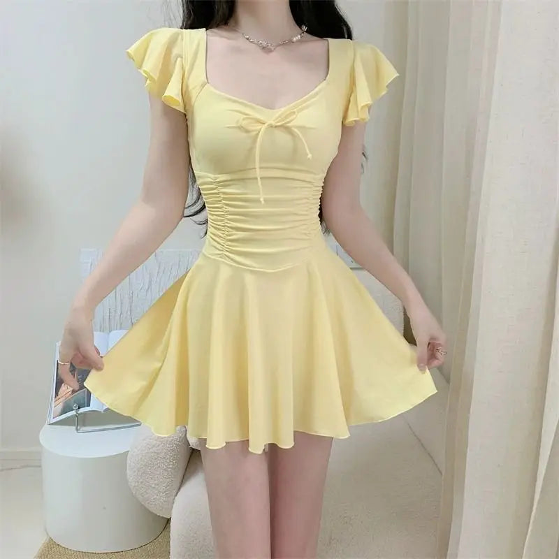 2026 Women Open Back Short Sleeve Swimsuit Solid Color Slimming Bathing Suit with Padding Thermal Spa Hot Spring Swimwear Kent Store