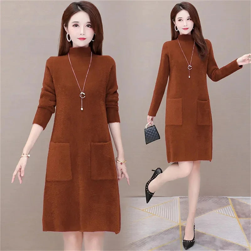 Fashion Thick Mink Velvet Long Sweater Dress Ladies Pullover Winter Wear Loose Mother Warm Dresses Women Elegant Purple 785 Kent Store
