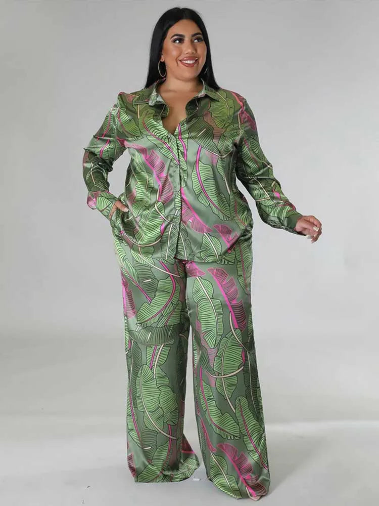 Female Clothing Long Sleeve 2 Piece Sets Women Outfit Shirt Blouse and Straight Trouser Print Autumn Pants Outfit Plus Size Sets Kent Store